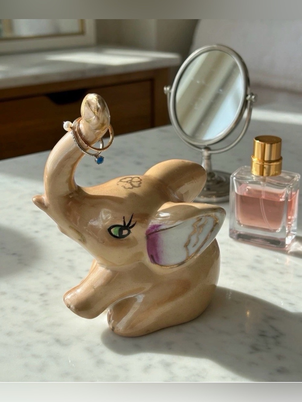 VTG Anthropomorphic Elephant Figurine Ceramic MCM Good Luck Trunk Up Ring Holder